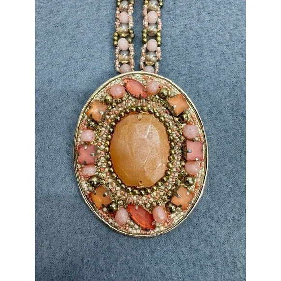 Vintage Chicos Statement Necklace Large Pink Peach Rhinestone Pendant Beaded - Picture 4 of 9